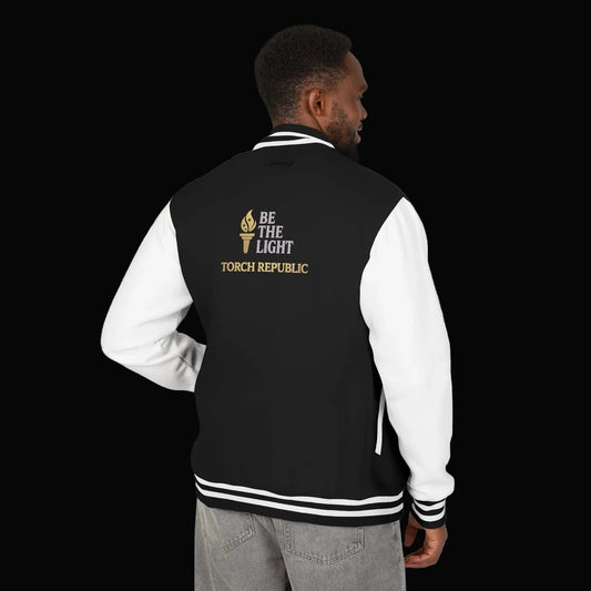 Classic Black & White Letterman Jacket — Gold Crest Torch Republic Logo - Torch Republic