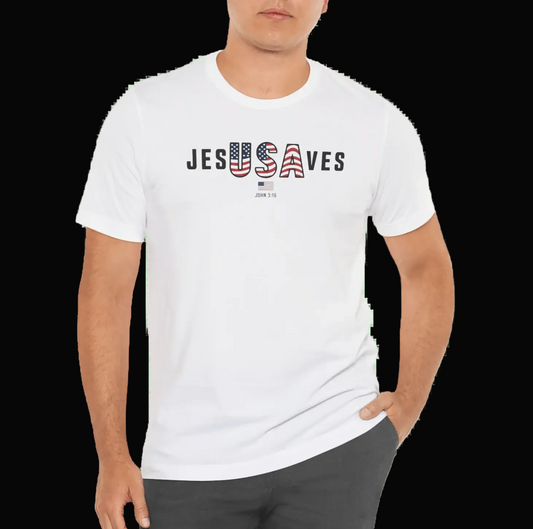 Jesus Saves USA T‑Shirt – Patriotic Christian Tee (Stars & Stripes Design) - Torch Republic