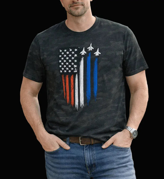 Patriotic Jet Flag Camo Tee — Red White Blue Fighter Jet USA T‑Shirt - LiberTees for All