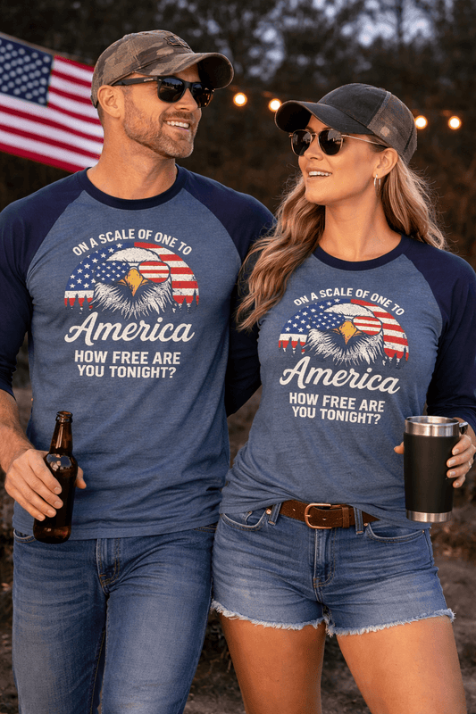 Patriotic Raglan Shirt - "On a Scale of One to America, How Free Are You Tonight?" - Torch Republic