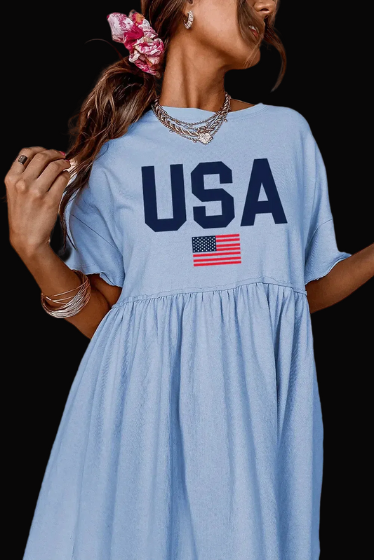 Sky Blue USA Flag Print Short Sleeve High Waist Babydoll Dress - LiberTees for All