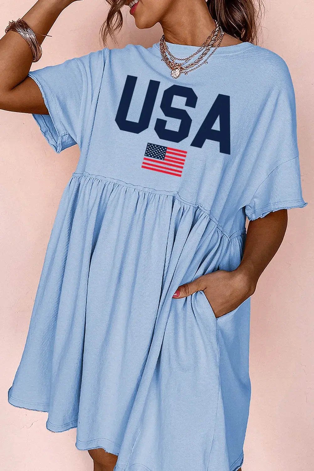 Sky Blue USA Flag Print Short Sleeve High Waist Babydoll Dress - LiberTees for All