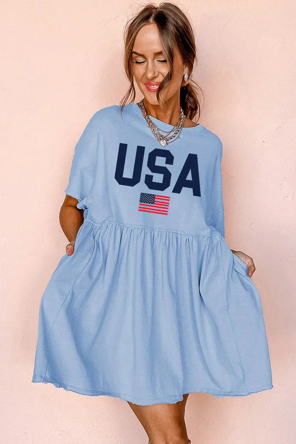 Sky Blue USA Flag Print Short Sleeve High Waist Babydoll Dress - LiberTees for All