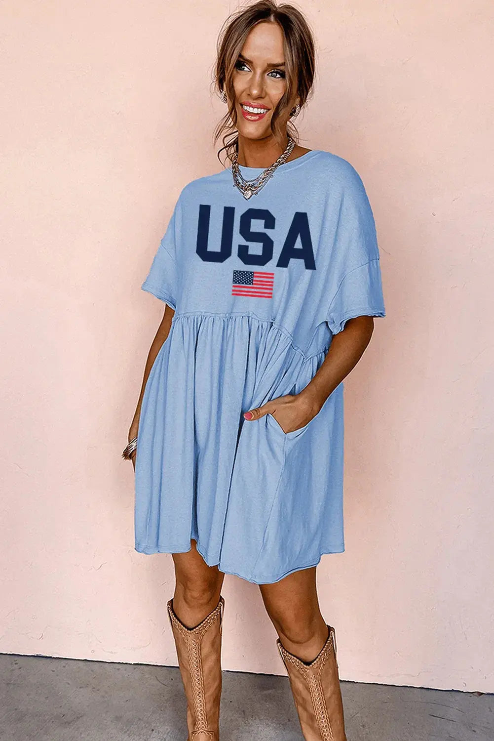 Sky Blue USA Flag Print Short Sleeve High Waist Babydoll Dress - LiberTees for All