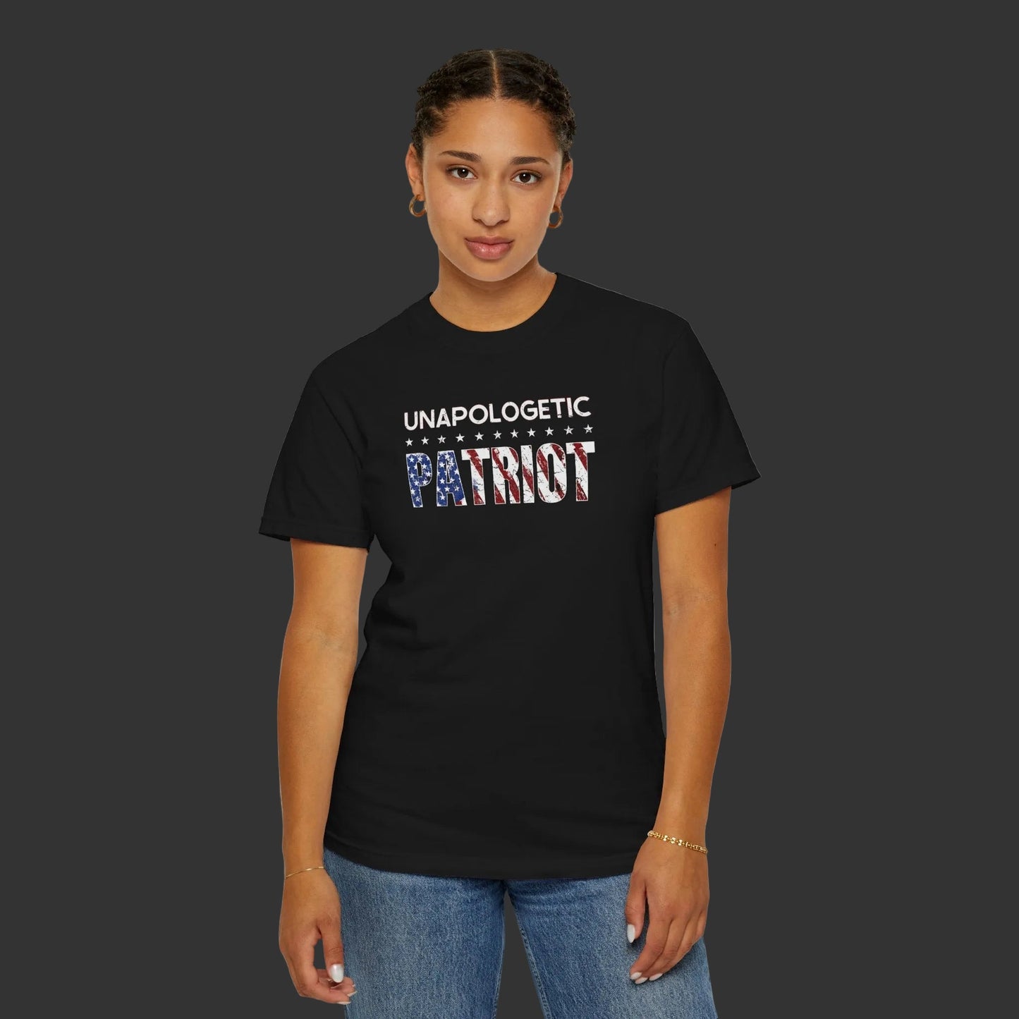 Unapologetic Patriot T-Shirt — American Flag Text Tee - Torch Republic