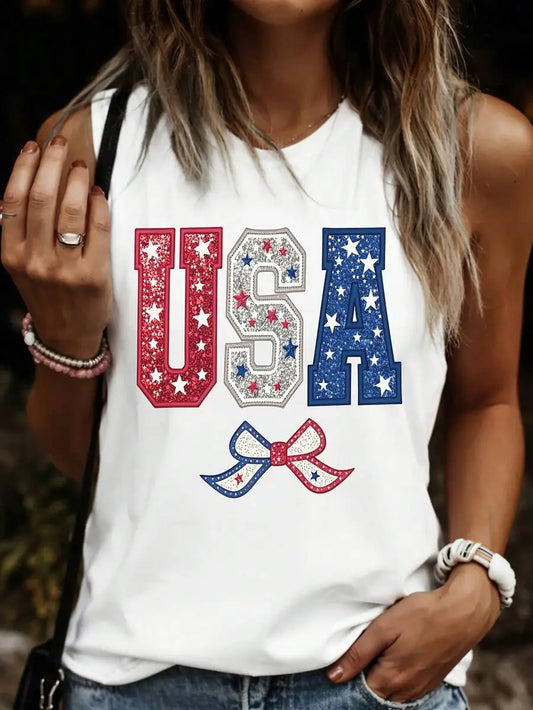 Women's Summer Fashion American Flag Print Sleeveless Top - White Patriotic Pattern Vest, Suitable For Outdoor, Casual, Fitness, Yoga, Running, Daily Wear - Machine Washable Casual Beachwear, Fun Pattern Vest, Medium Stretch Fabric - Torch Republic